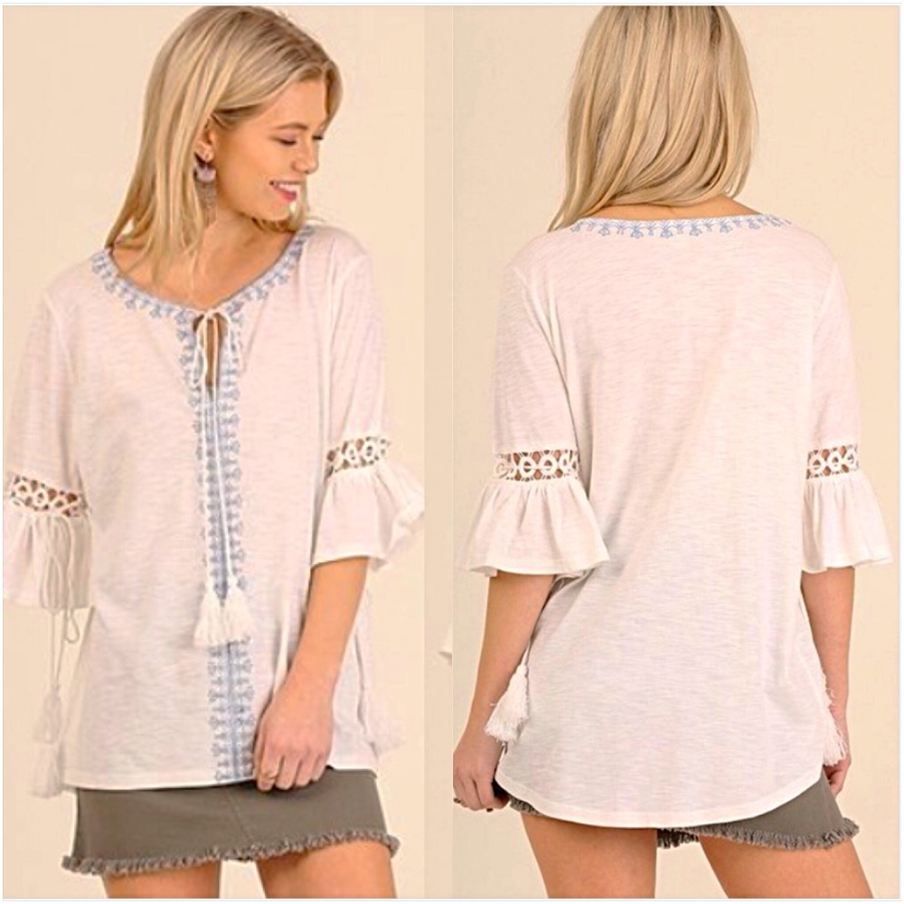 Boho Chic Embroidered Flowy Tassel Top S/M - Picture 3 of 8